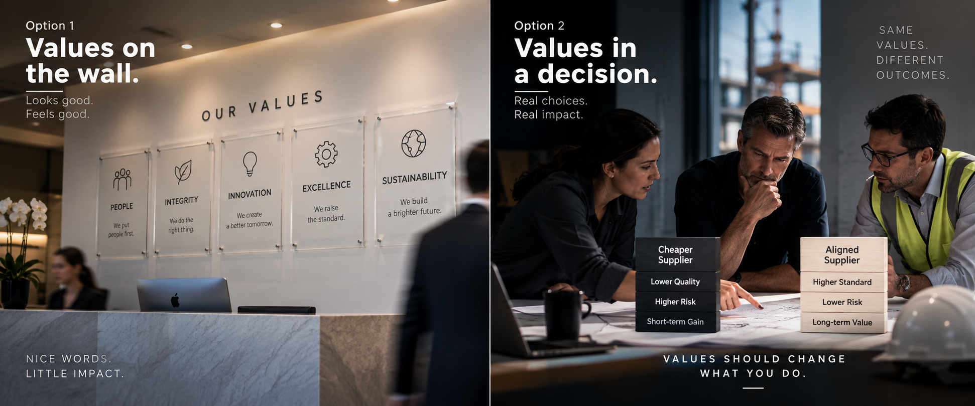 Alt text: Split-screen visual contrasting corporate values displayed on an office wall with values actively guiding a real business decision, showing that values only matter when they change behaviour.