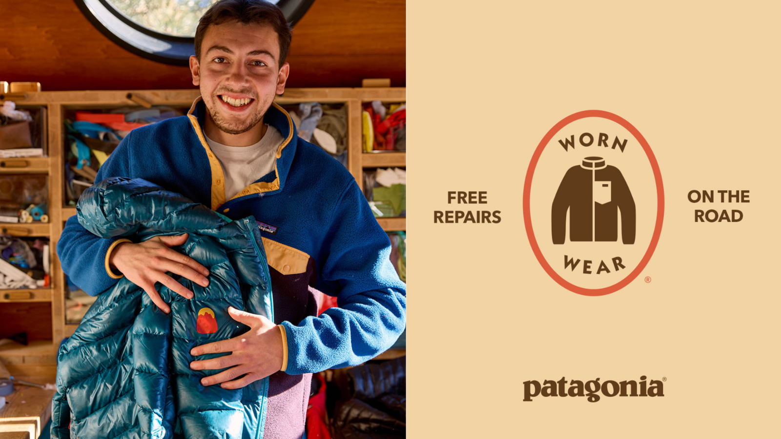 Patagonia Worn Wear repair program, showing a repaired Patagonia jacket and promoting free repairs to extend the life of clothing.