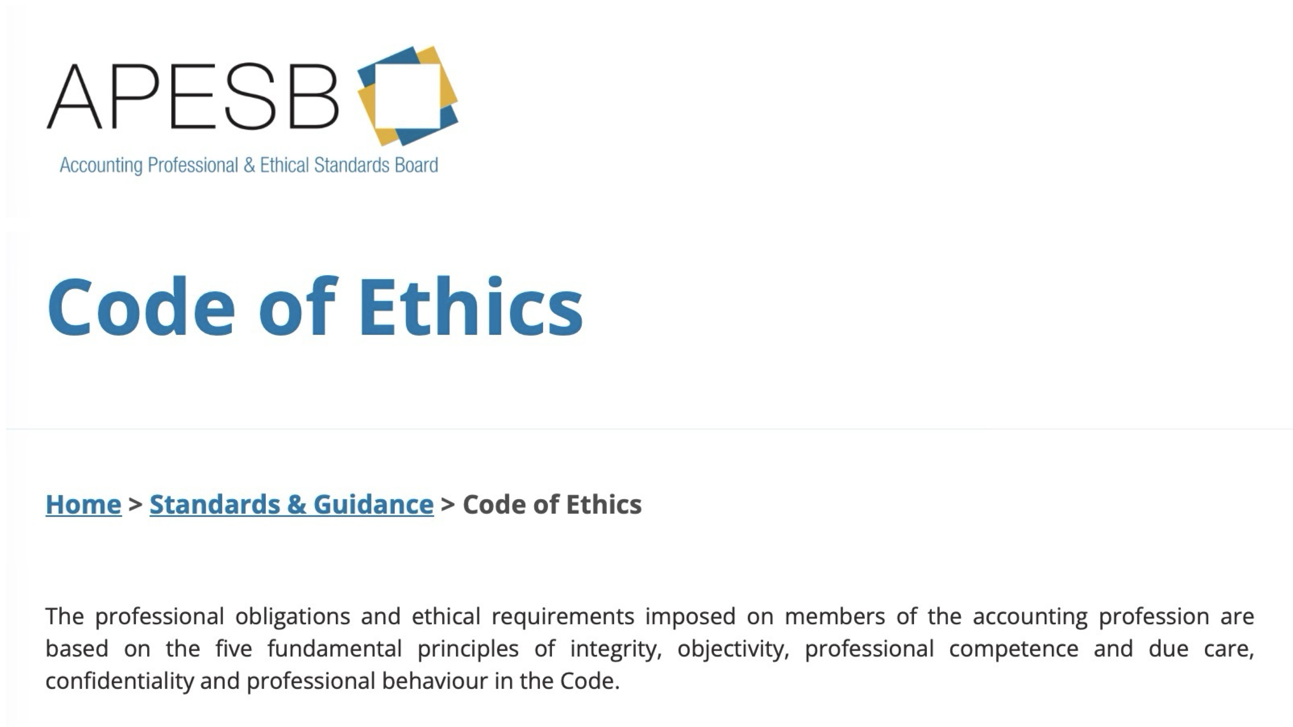 APESB Code of Ethics outlining the five fundamental principles for Australia’s accounting profession: integrity, objectivity, competence, confidentiality and professional behaviour.