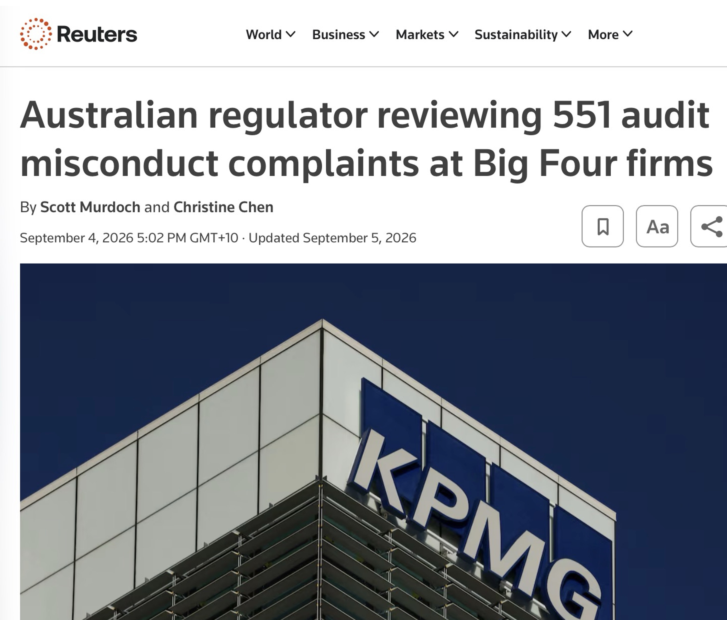 Reuters report on 551 audit misconduct complaints involving Australia’s Big Four accounting firms