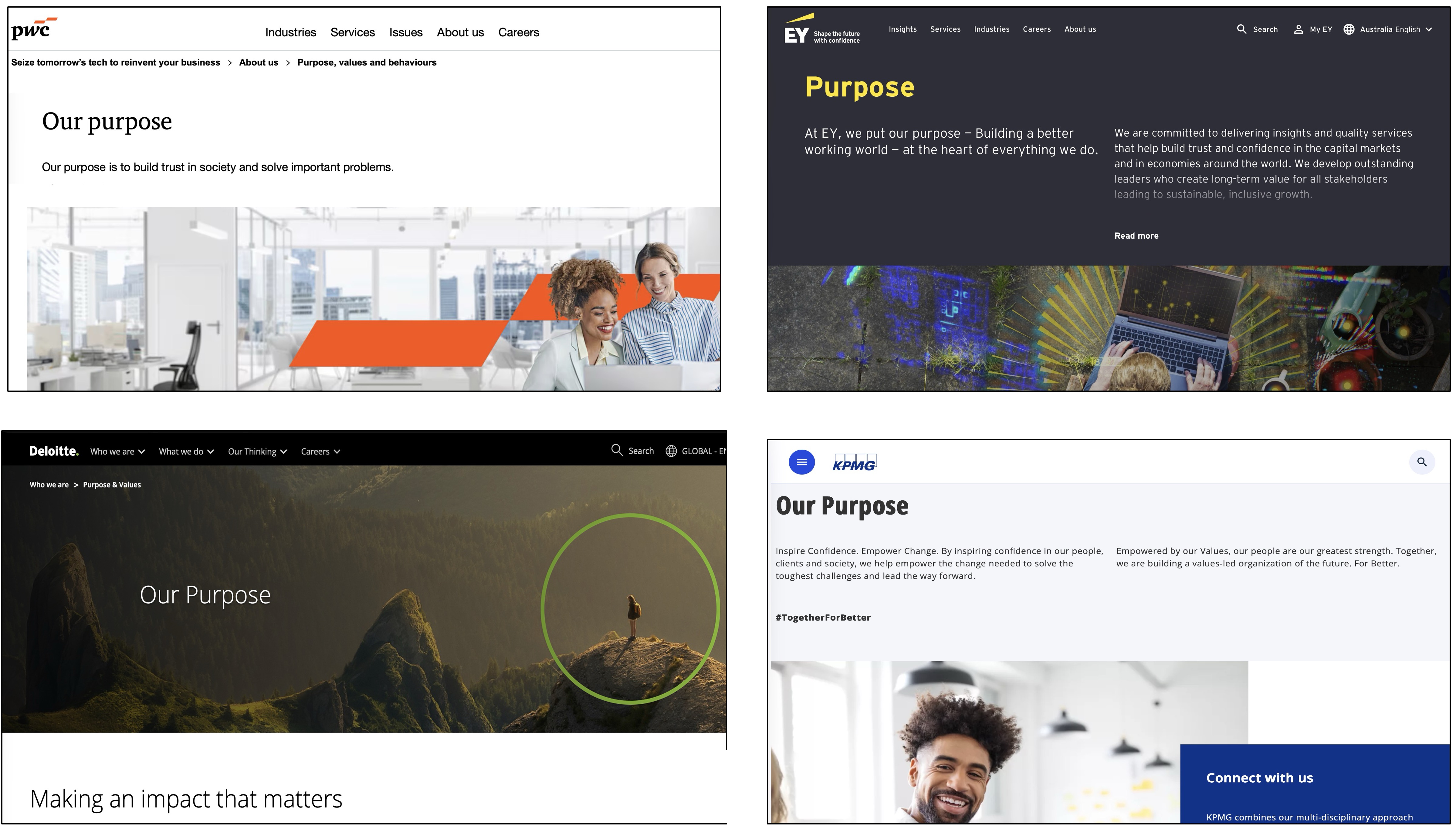 Purpose statements from PwC, EY, Deloitte and KPMG showing how the Big Four publicly define their values and role in society. Purpose statements from PwC, EY, Deloitte and KPMG showing how the Big Four publicly define their values and role in society.