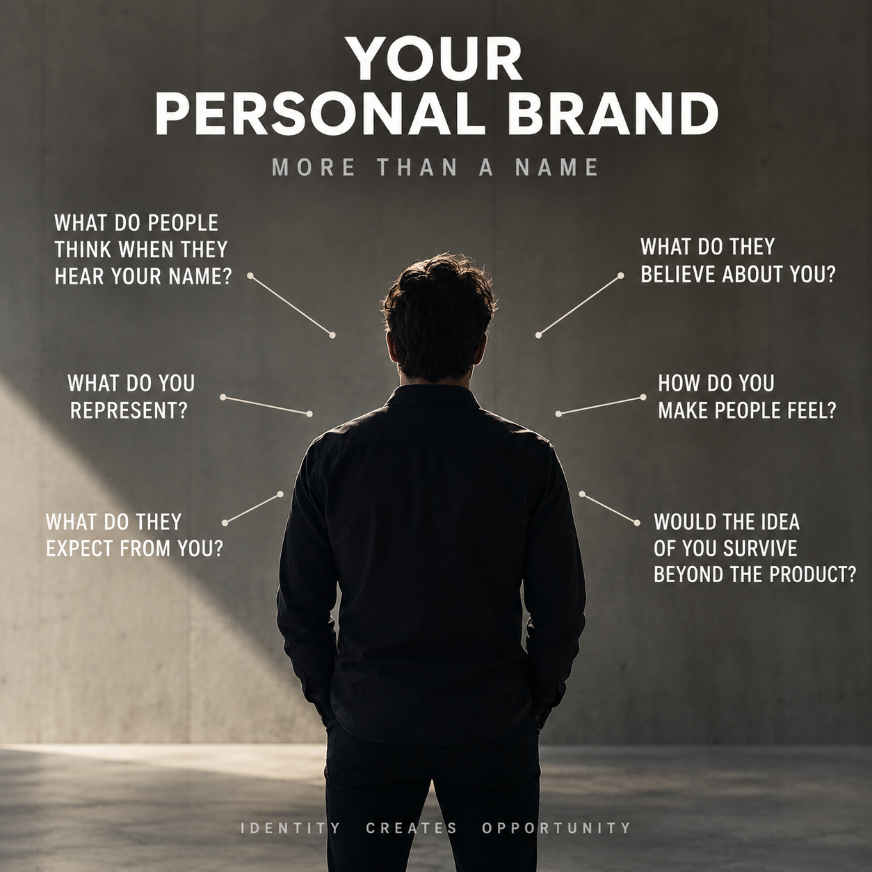 Personal branding visual showing a person surrounded by questions about what people think, believe and expect when they hear your name, and what you represent.