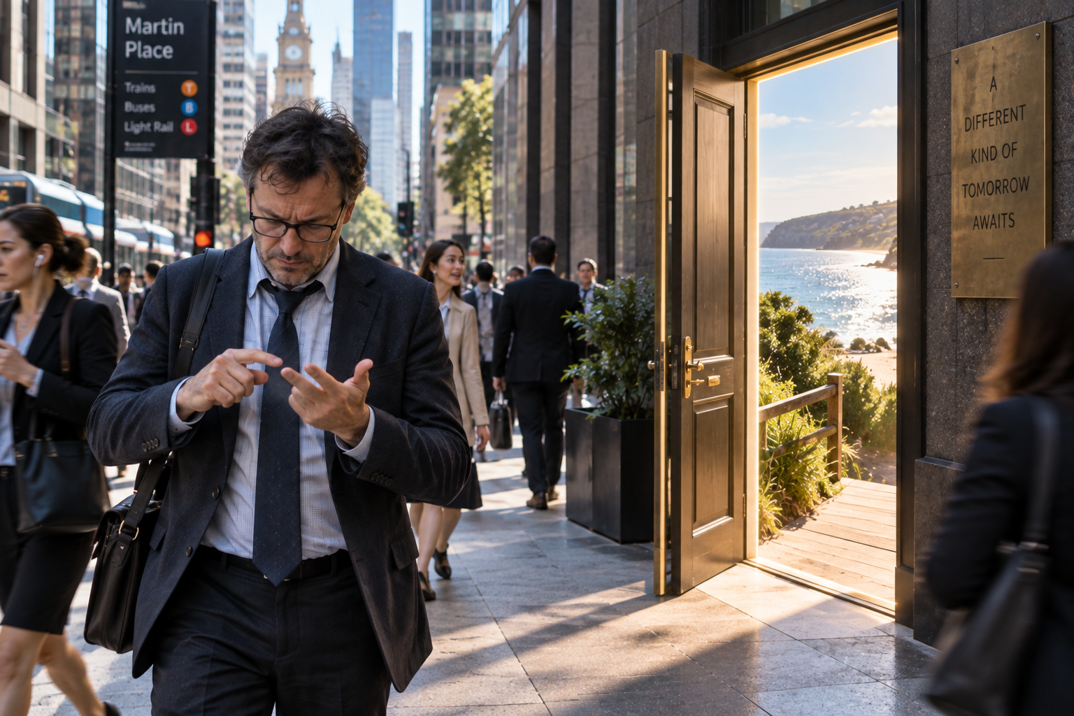 Businessman focused on his phone walks past an open doorway to a beautiful beach, illustrating how attention can make us miss opportunities right in front of us.