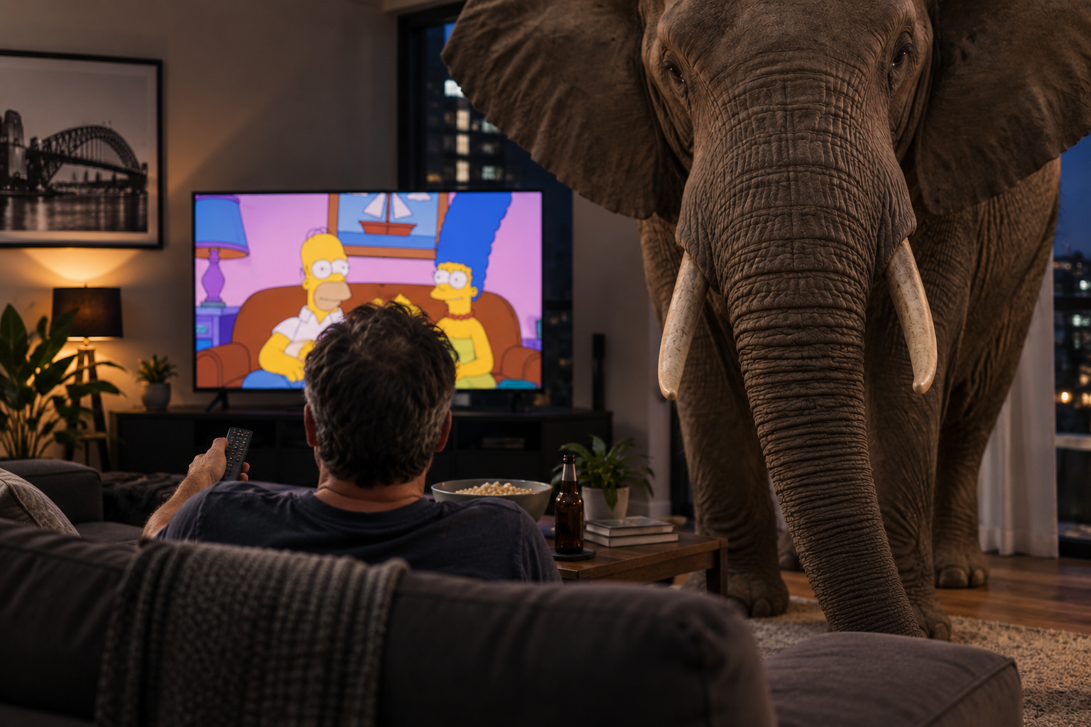 Man watching television while a huge elephant stands unnoticed beside him, illustrating inattentional blindness and how we can miss what is right in front of us.