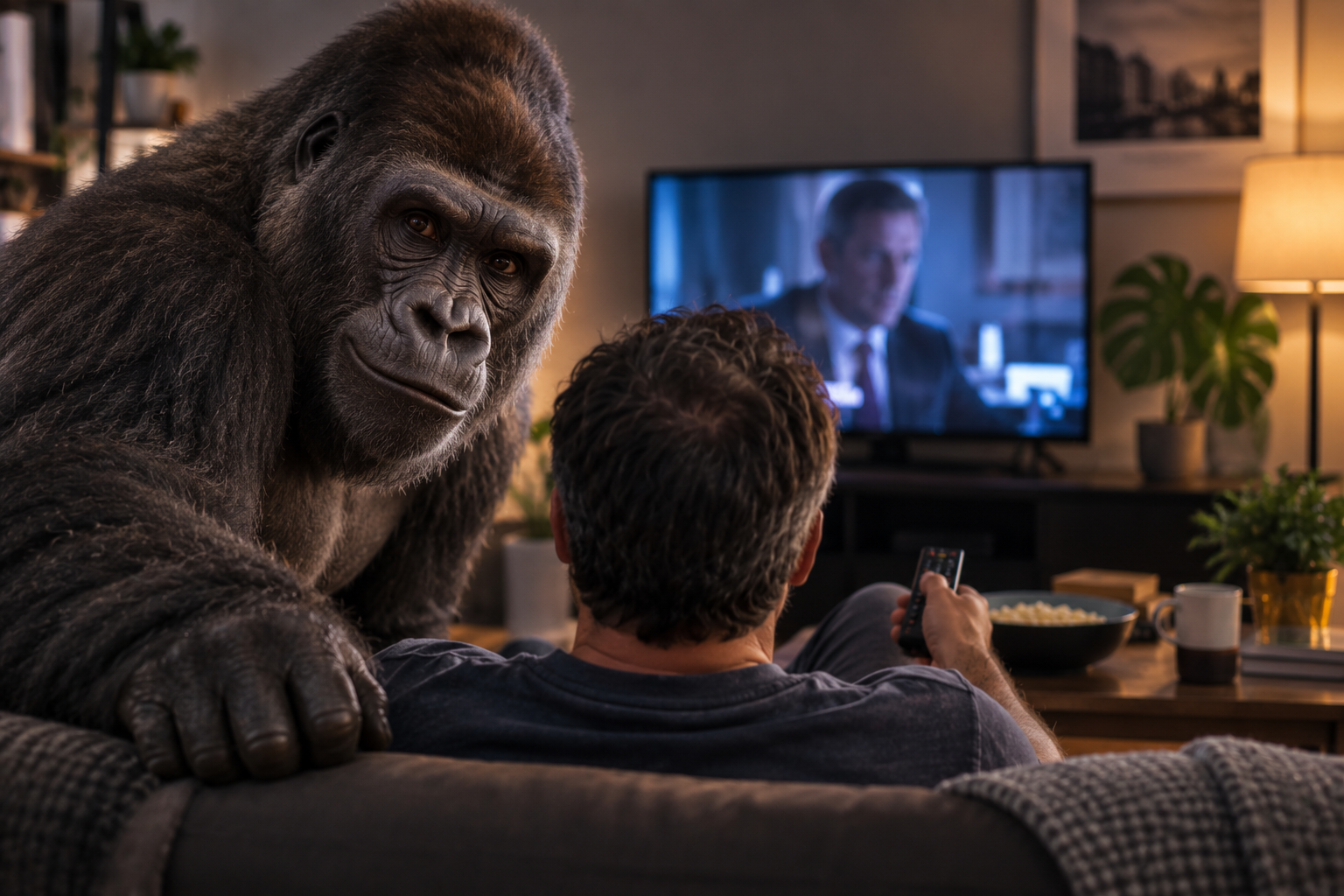 Man watches television, completely unaware of a gorilla sitting beside him, illustrating inattentional blindness and how we can miss the obvious when our attention is elsewhere.