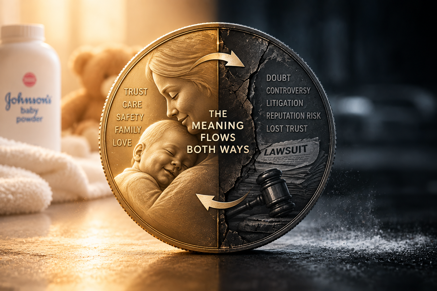 Johnson’s Baby Powder shown as two sides of a coin: trust, care, safety and family on one side, and controversy, litigation, reputational risk and lost trust on the other.