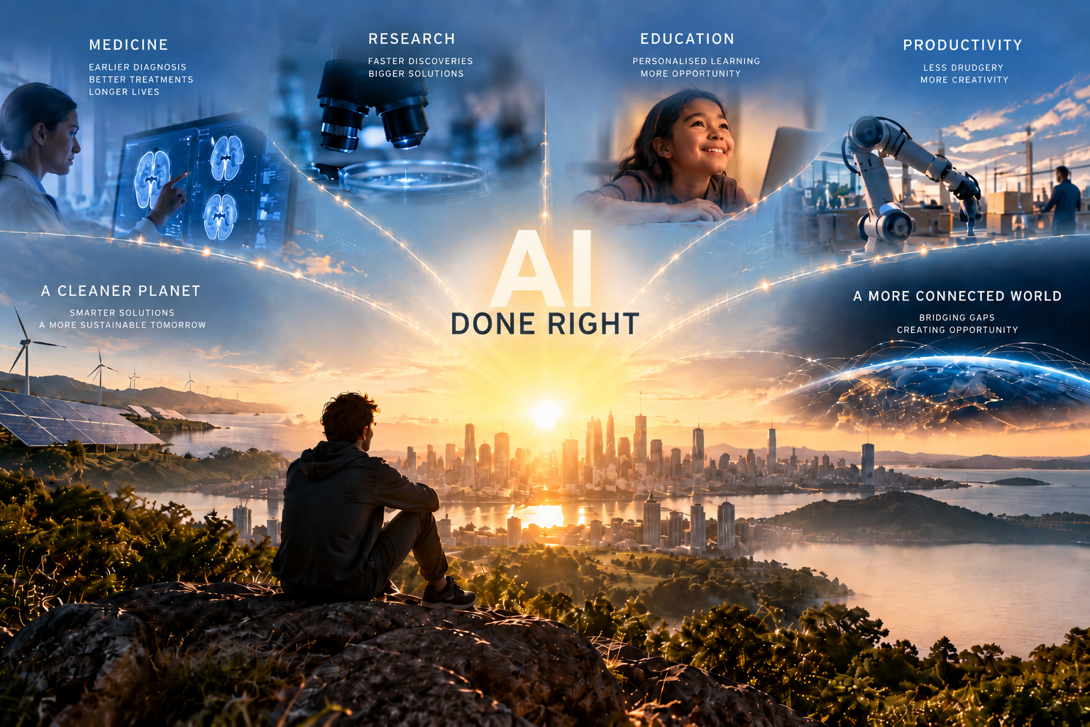 AI-powered future showing the potential of artificial intelligence to transform medicine, research, education, productivity, sustainability and global connectivity.