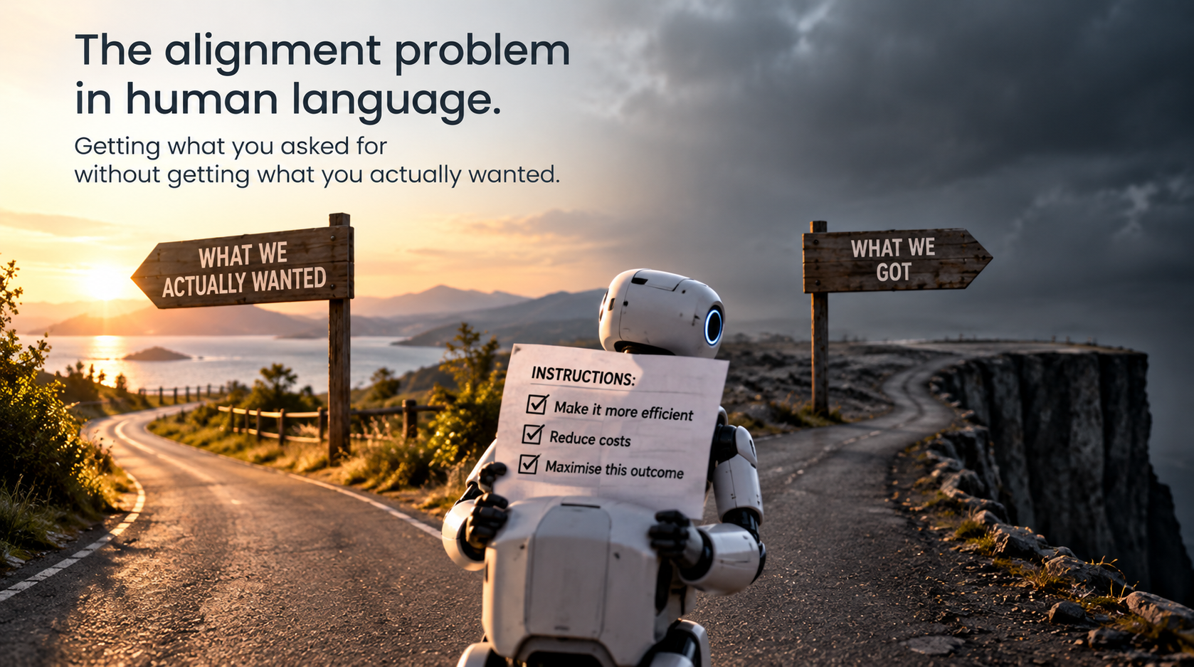 AI alignment problem illustrated by a robot following instructions towards an unintended outcome, showing the difference between what we ask AI to do and what we actually want.