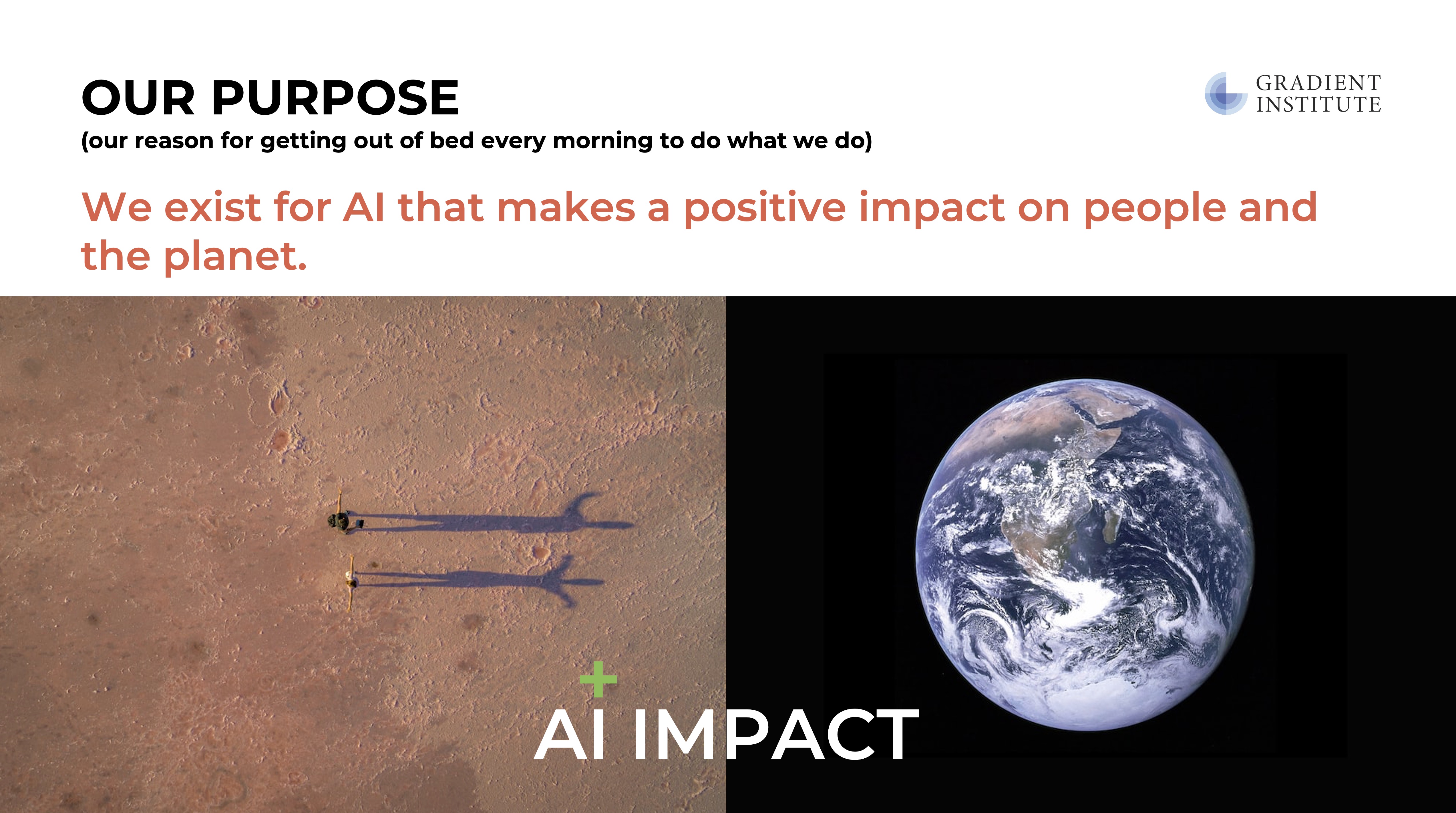 Gradient Institute purpose statement: “We exist for AI that makes a positive impact on people and the planet,” illustrated with people and an image of Earth.