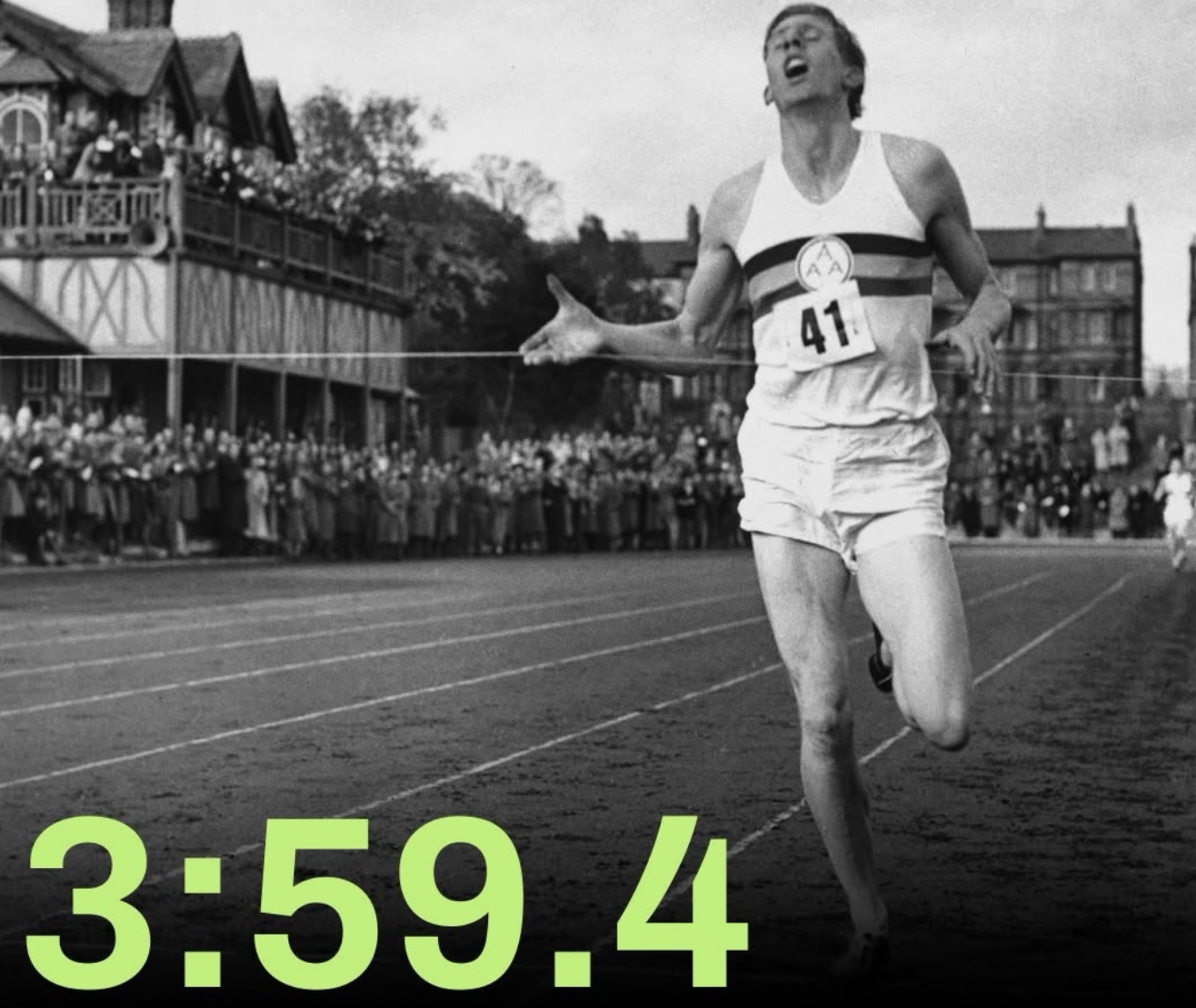 Roger Bannister crossing the finish line in 3 minutes 59.4 seconds to become the first person to run a mile in under four minutes in 1954.