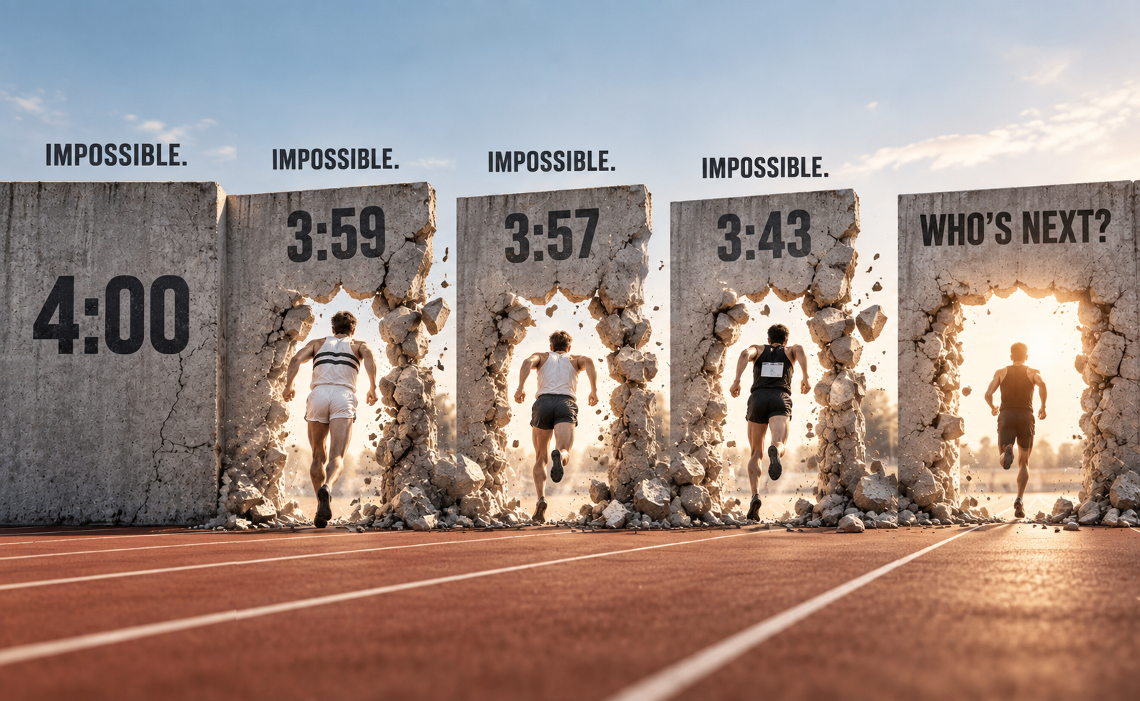 Runners breaking through successive barriers from the four-minute mile to 3:43, showing how perceived limits change once someone proves they can be broken.