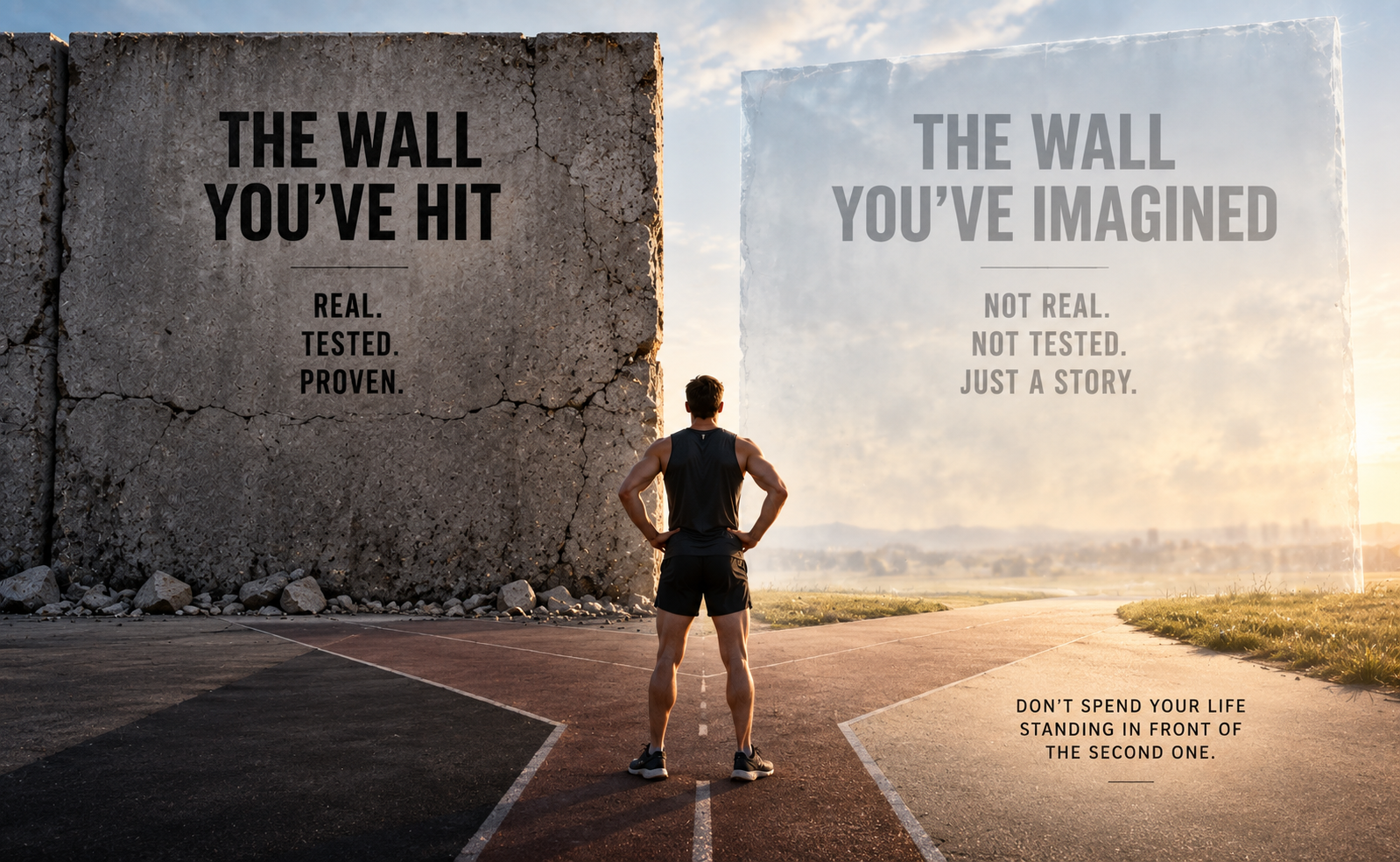 Runner facing two walls: one real and tested, the other imagined and untested, representing the difference between actual limits and limiting beliefs.