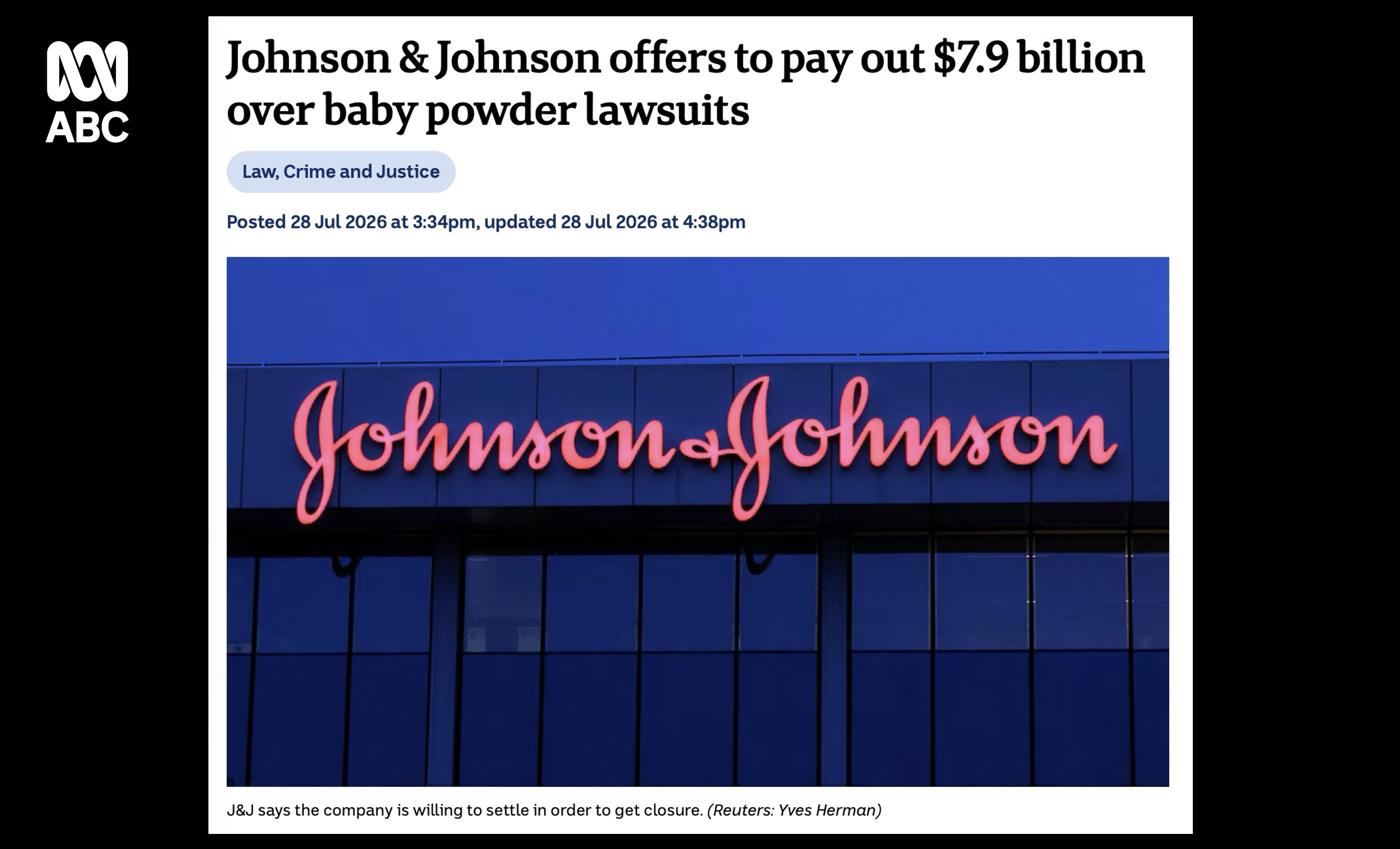 J&J offers to pay out $7.9 billion (AUS) over baby pwder lawsuits